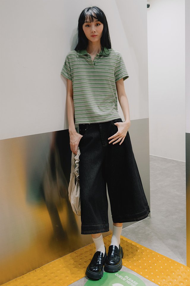 FINLEY STRIPE POLO TOP IN SAGE