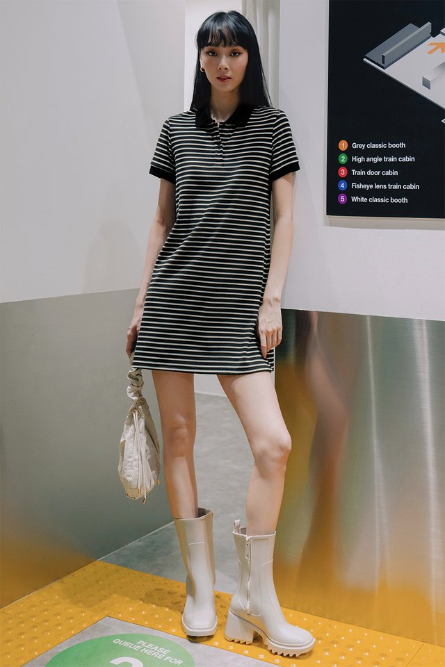 YOKE STRIPE POLO DRESS IN BLACK