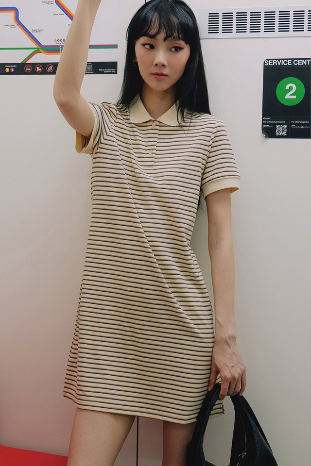 YOKE STRIPE POLO DRESS IN CREAM