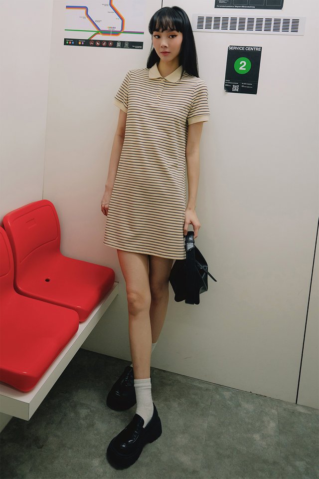 YOKE STRIPE POLO DRESS IN CREAM