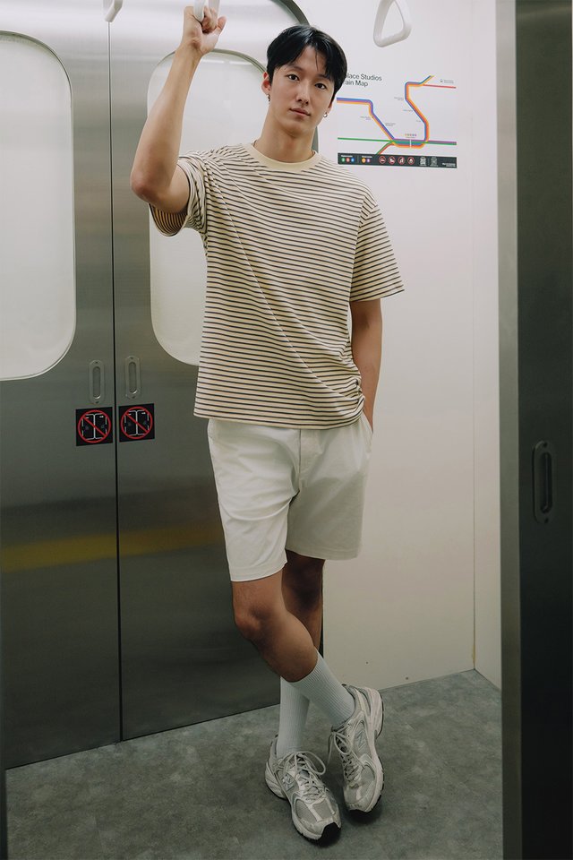 YOKE STRIPE UNISEX TEE IN CREAM