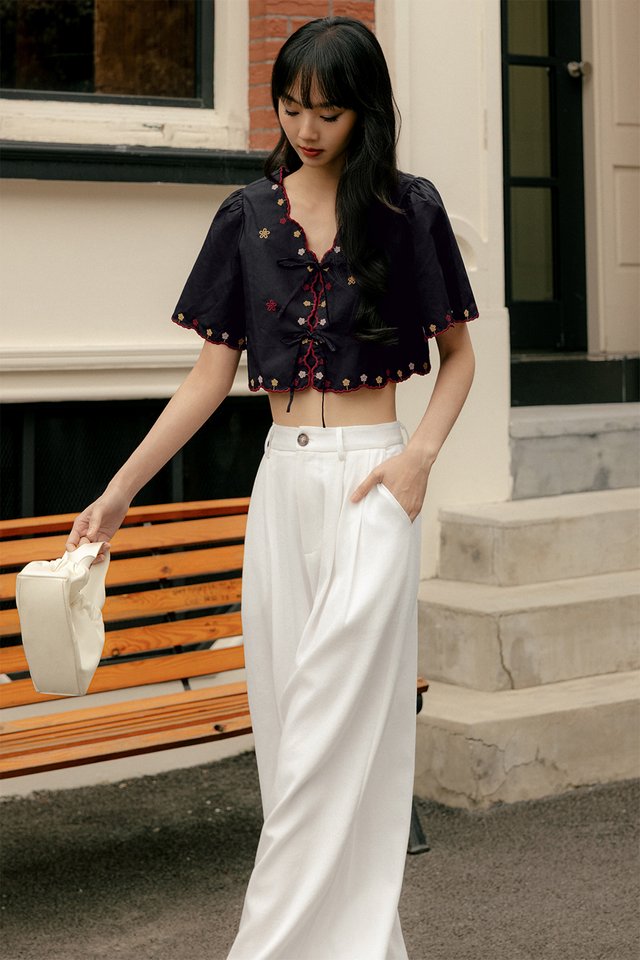 YUNA EMBROIDERY TIE TOP IN BLACK