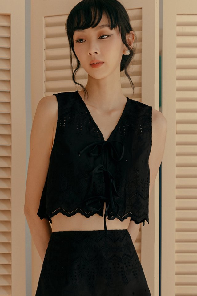 ARIE EMBROIDERY TIE TOP IN BLACK