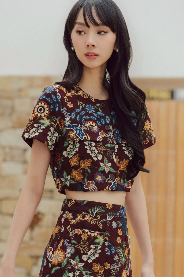 ITZEL BROCADE TOP IN BURGUNDY