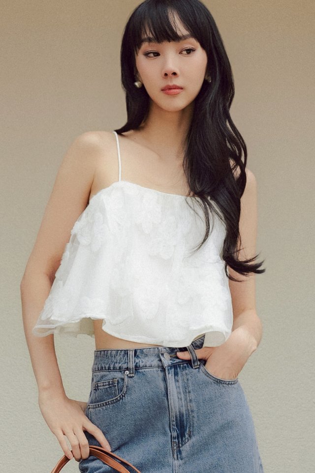 KELLAN APPLIQUÉ TULLE TOP IN WHITE