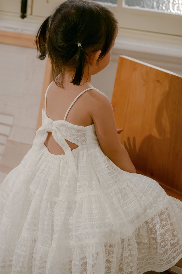 *KIDS* KYLER LACE TIE-BACK MINI DRESS IN WHITE