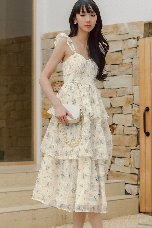 LOIRE ORGANZA PADDED TIERED MAXI IN BLUE