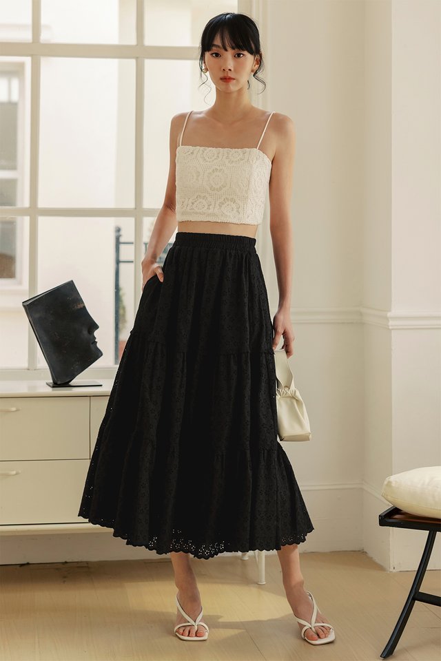 LOWERY EYELET TIERED MAXI IN BLACK