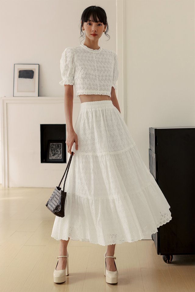LOWERY EYELET TIERED MAXI IN WHITE