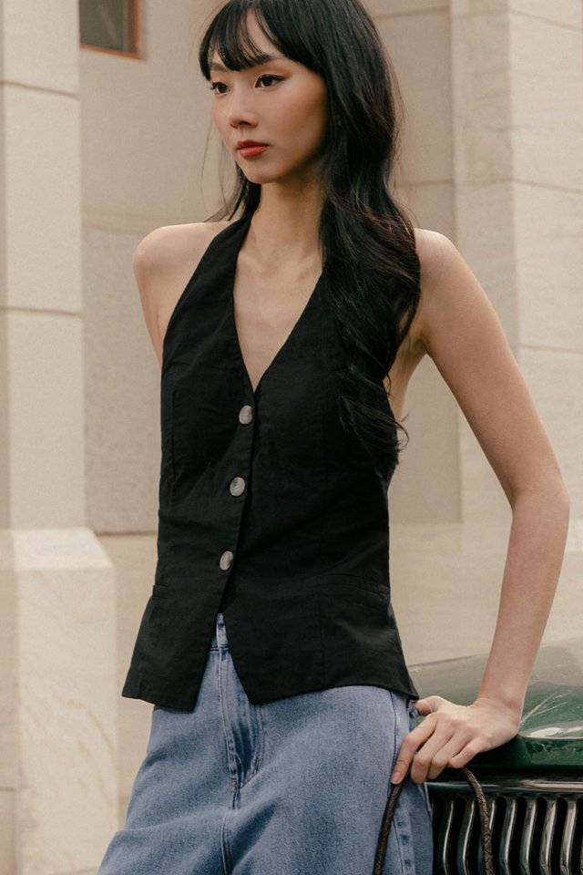 NOAH LINEN PADDED VEST TOP IN BLACK