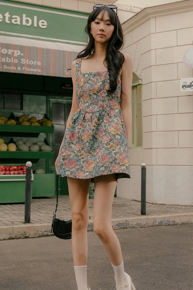 ROSETTE BROCADE CORSET PLAYSUIT DRESS IN IVORY