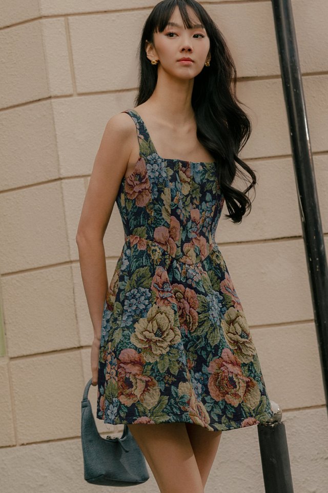 ROSETTE BROCADE CORSET PLAYSUIT DRESS IN NAVY