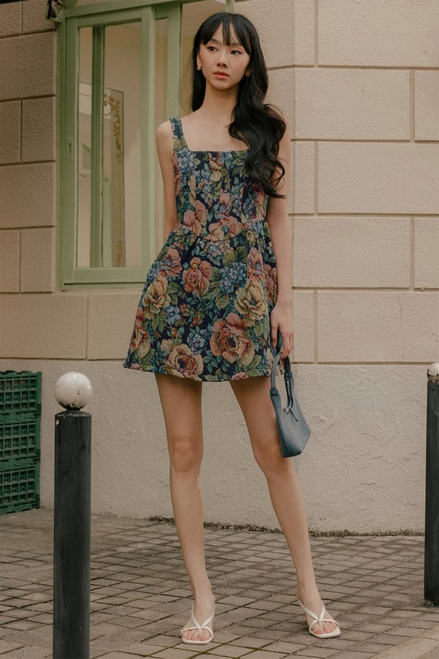 ROSETTE BROCADE CORSET PLAYSUIT DRESS IN NAVY