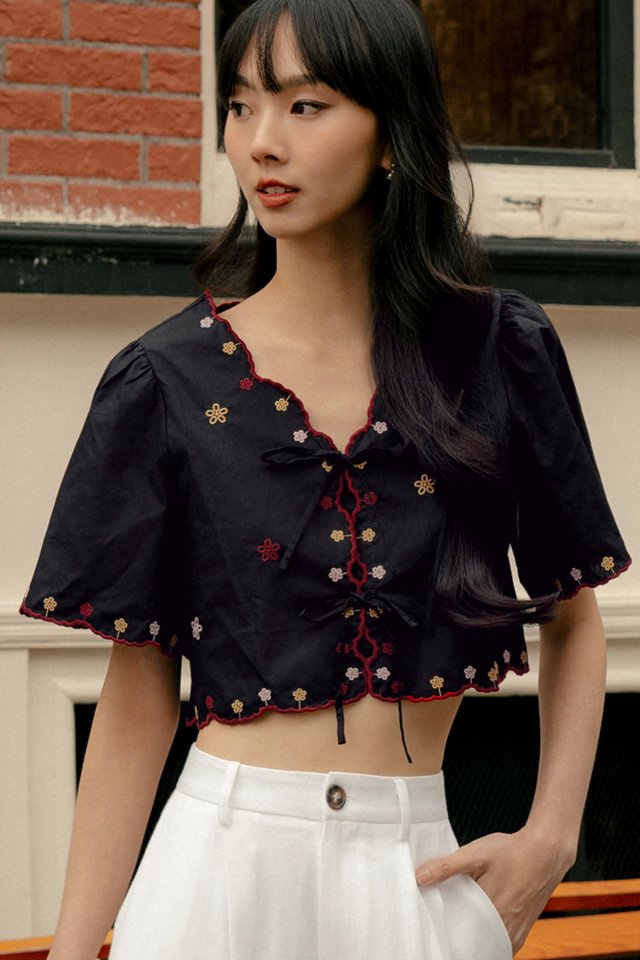YUNA EMBROIDERY TIE TOP IN BLACK