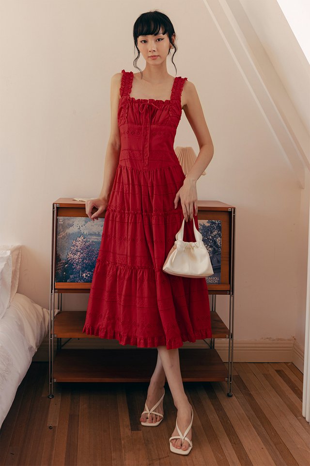 ZOIE BRODERIE EMBROIDERY TIERED MAXI IN RED