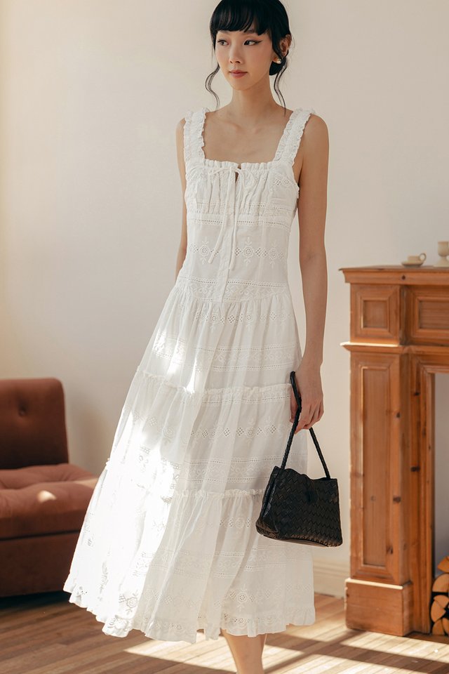 ZOIE BRODERIE EMBROIDERY TIERED MAXI IN WHITE