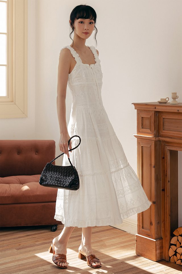 ZOIE BRODERIE EMBROIDERY TIERED MAXI IN WHITE