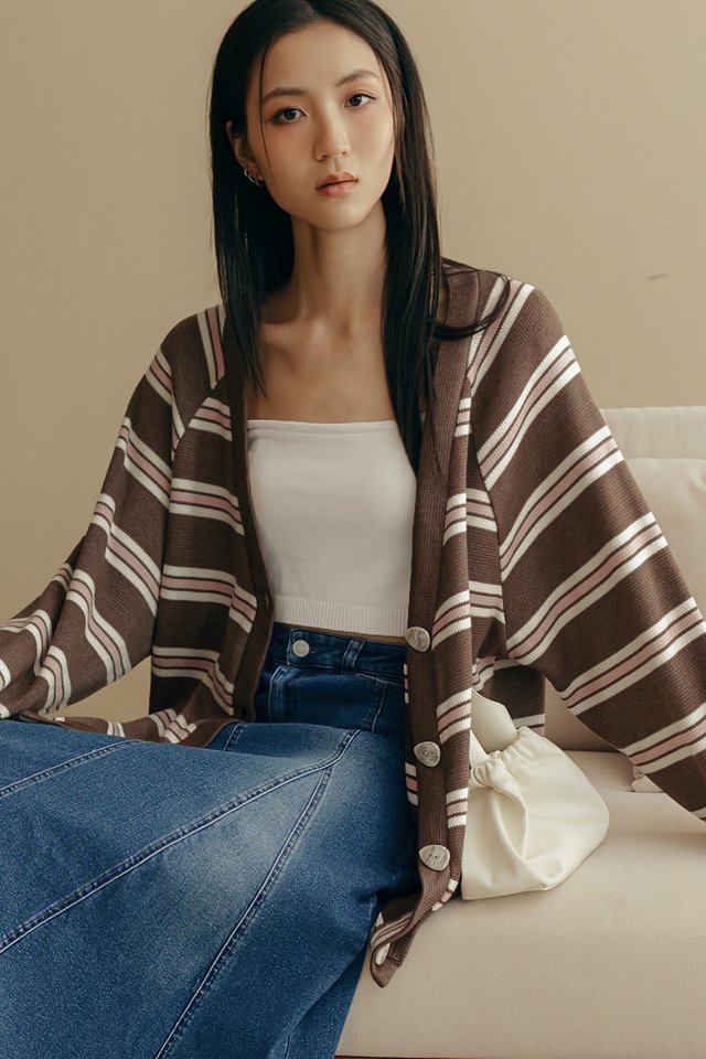 LORNE STRIPE LONG CARDIGAN IN CHOCO