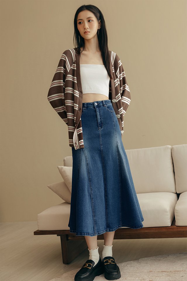 LORNE STRIPE LONG CARDIGAN IN CHOCO