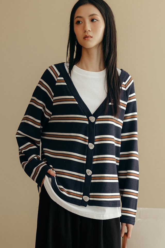 LORNE STRIPE LONG CARDIGAN IN NAVY