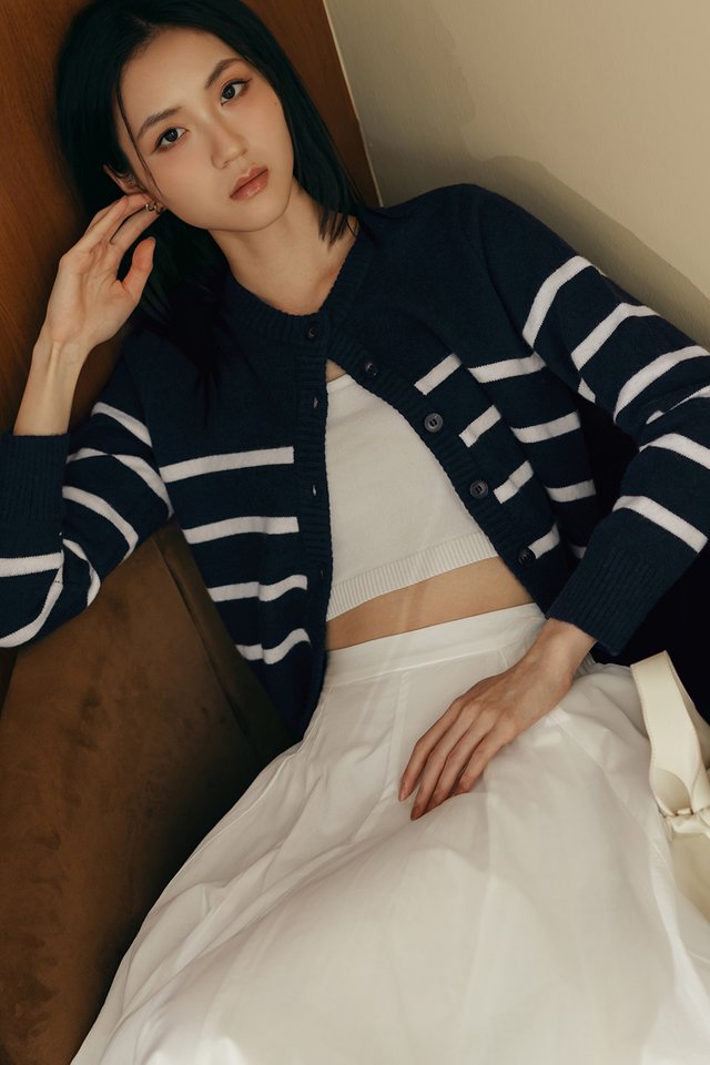 MAYA STRIPE KNIT CARDIGAN IN NAVY