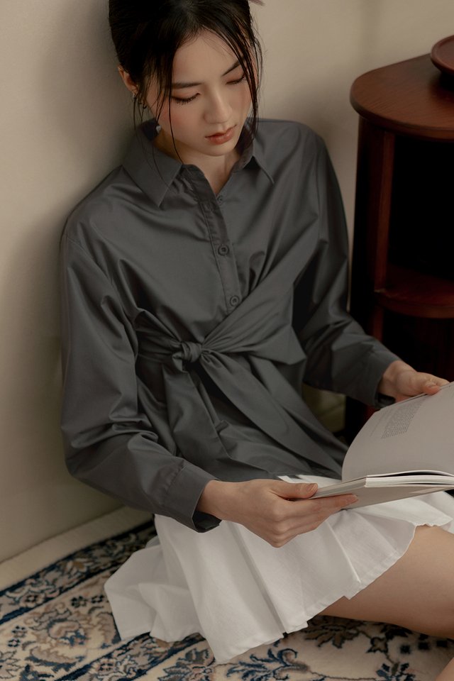 KYRA TIE DRAPE SHIRT IN CHARCOAL