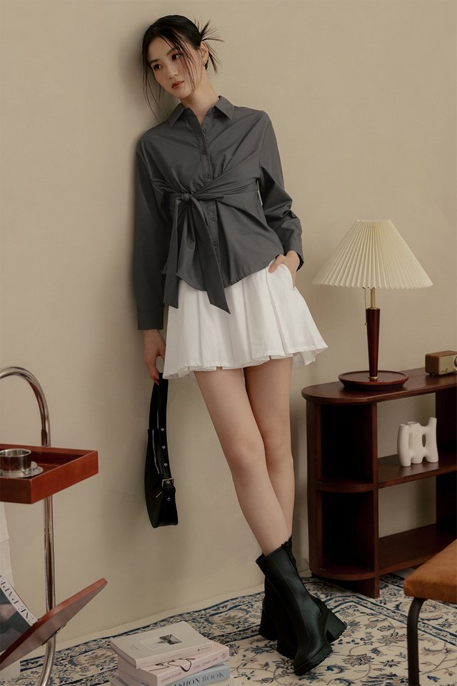 KYRA TIE DRAPE SHIRT IN CHARCOAL