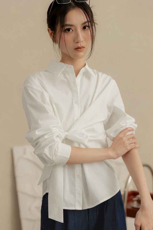 KYRA TIE DRAPE SHIRT IN WHITE