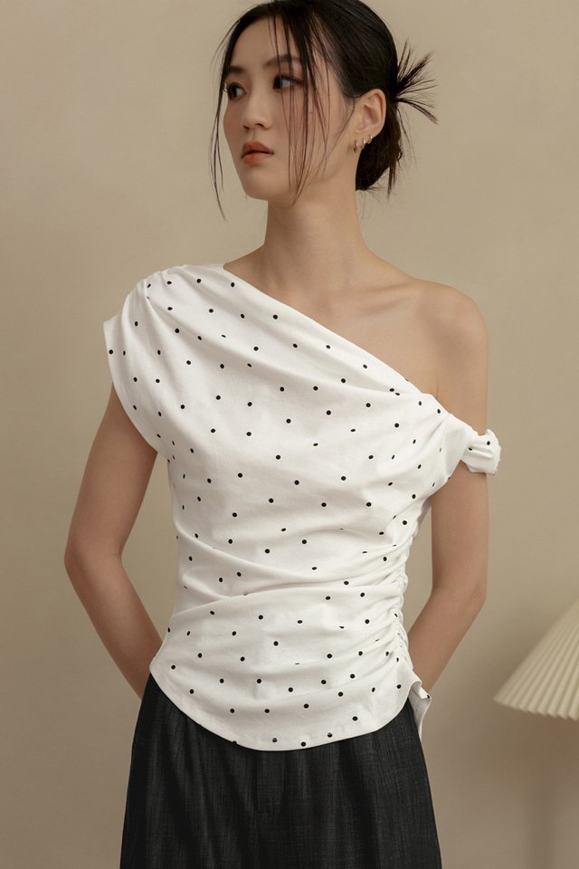 LOLA POLKA DOT RUCHED TOP IN WHITE