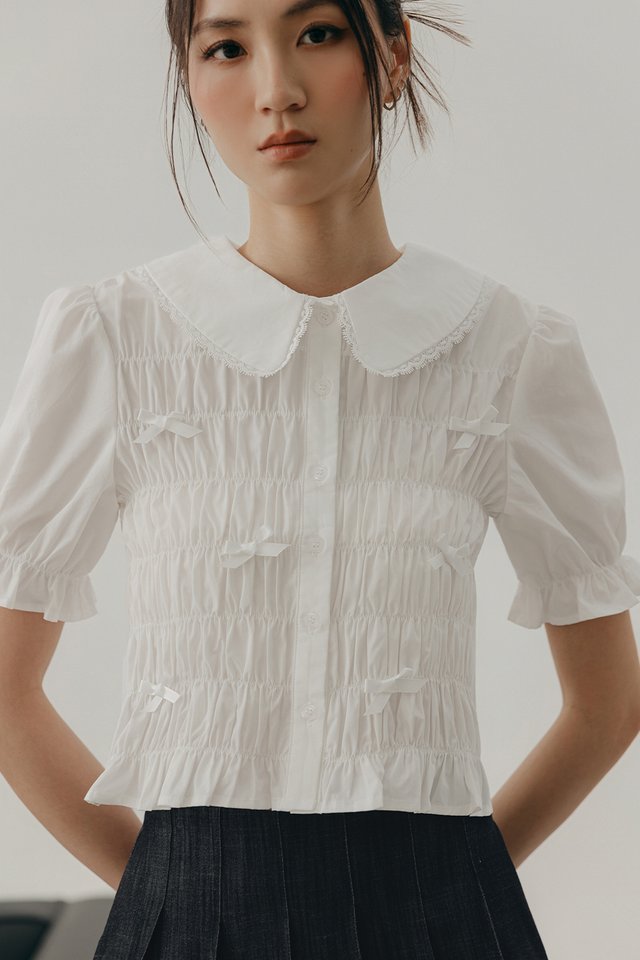 LYRA RIBBONS SMOCKED TOP IN WHITE