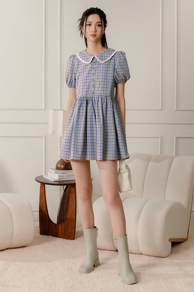 JAIDA CHECKS BABYDOLL PLAYSUIT DRESS IN BLUE