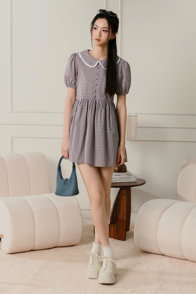 JAIDA CHECKS BABYDOLL PLAYSUIT DRESS IN MAUVE