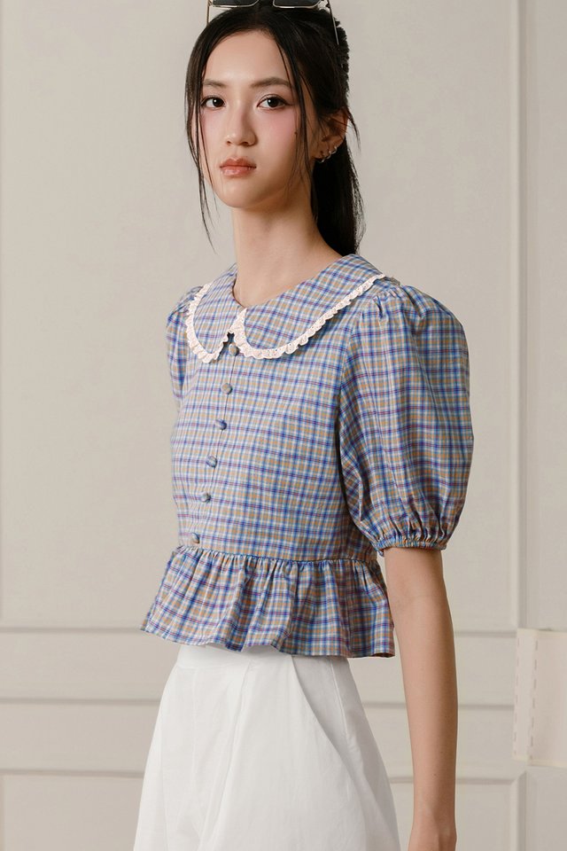JAIDA CHECKS BABYDOLL TOP IN BLUE