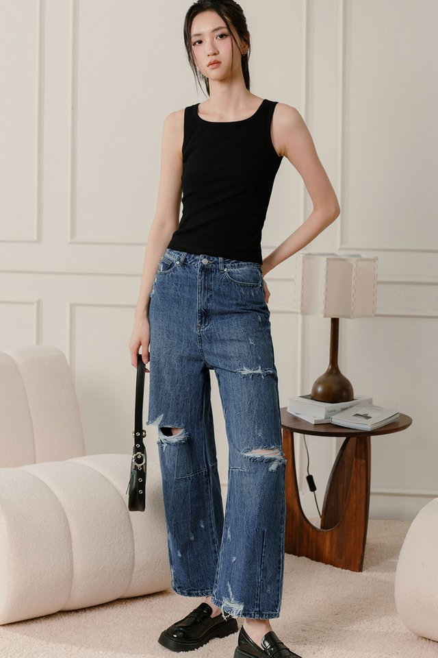 KIYO DENIM RIPPED JEANS IN MID WASH