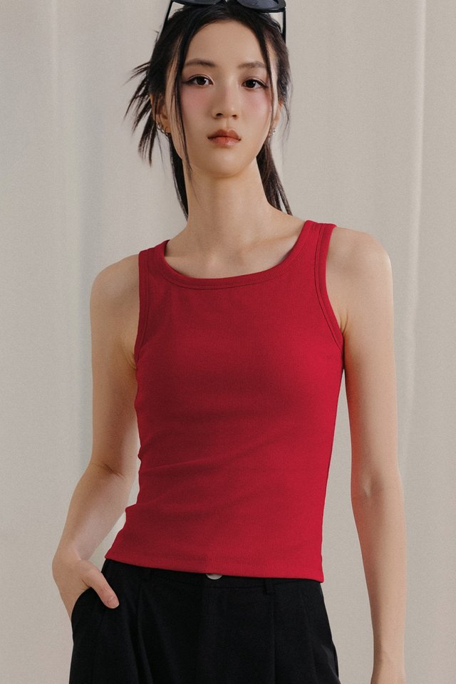 ADEL PADDED RIBBED TANK IN RED