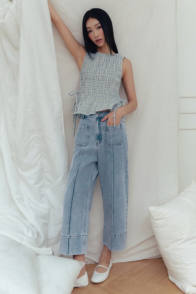 *BACKORDER* HALDOR CHECKS SHIRRED TOP IN BLUE