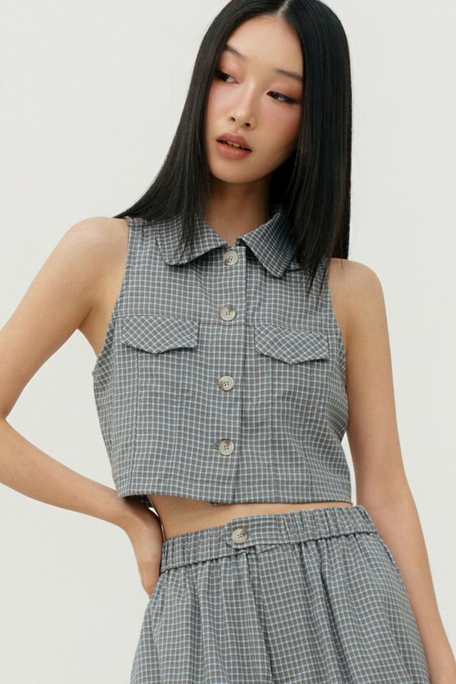 AKIN CHECKS VEST TOP IN BLUE MIST
