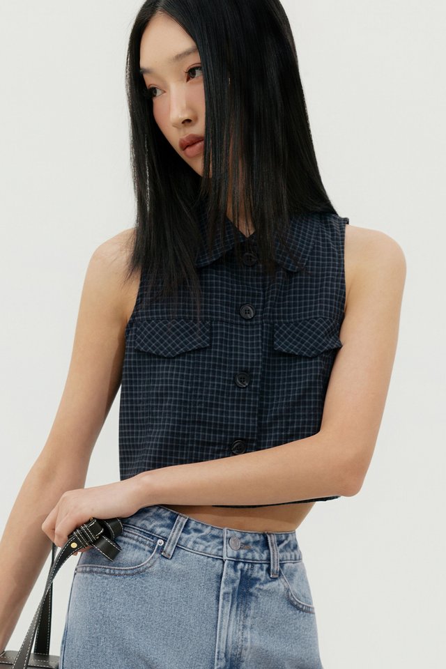AKIN CHECKS VEST TOP IN NAVY