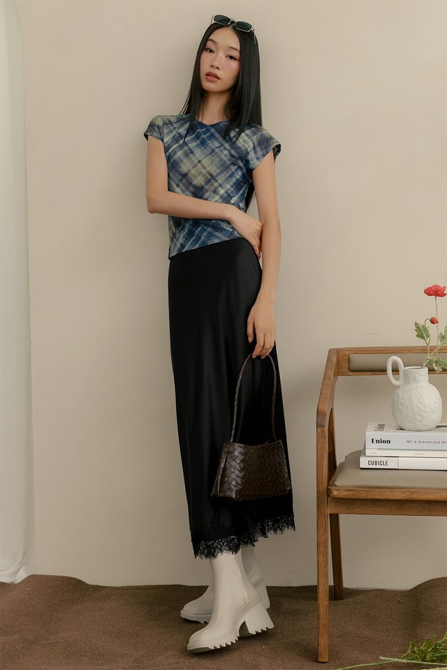 AKO PLAID TULLE TOP IN BLUE