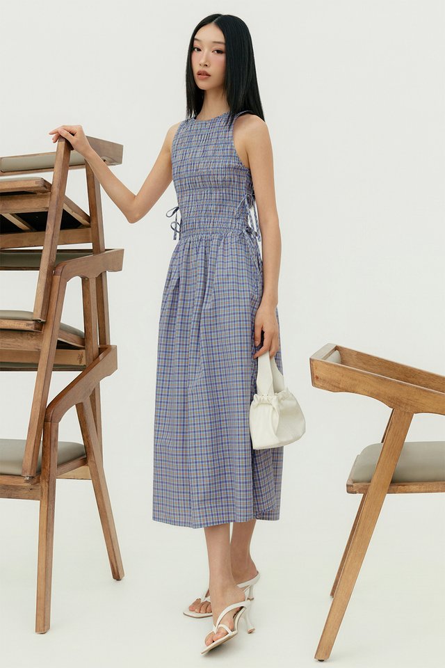 HALDOR CHECKS SHIRRED MAXI IN BLUE