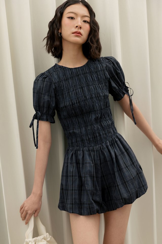 HALDOR CHECKS SHIRRED PLAYSUIT IN NAVY