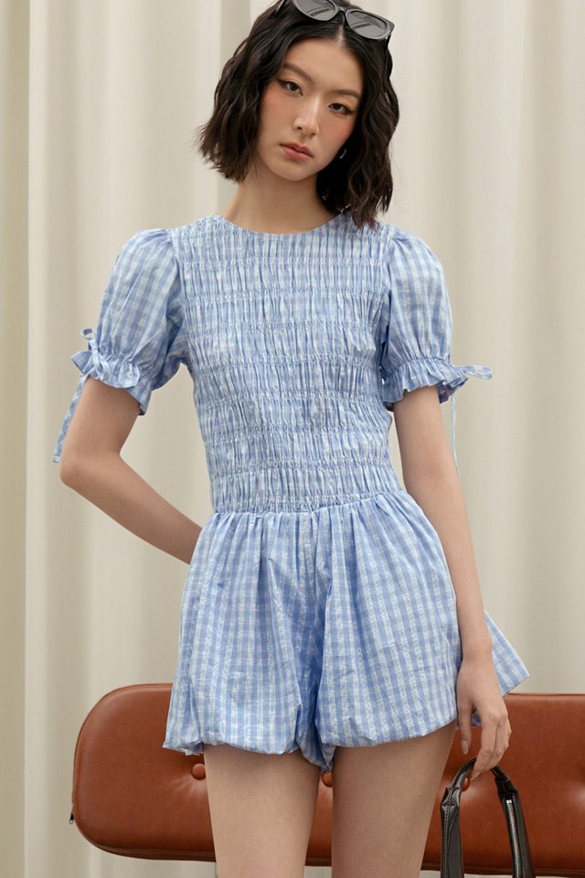 HALDOR CHECKS SHIRRED PLAYSUIT IN PERI BLUE