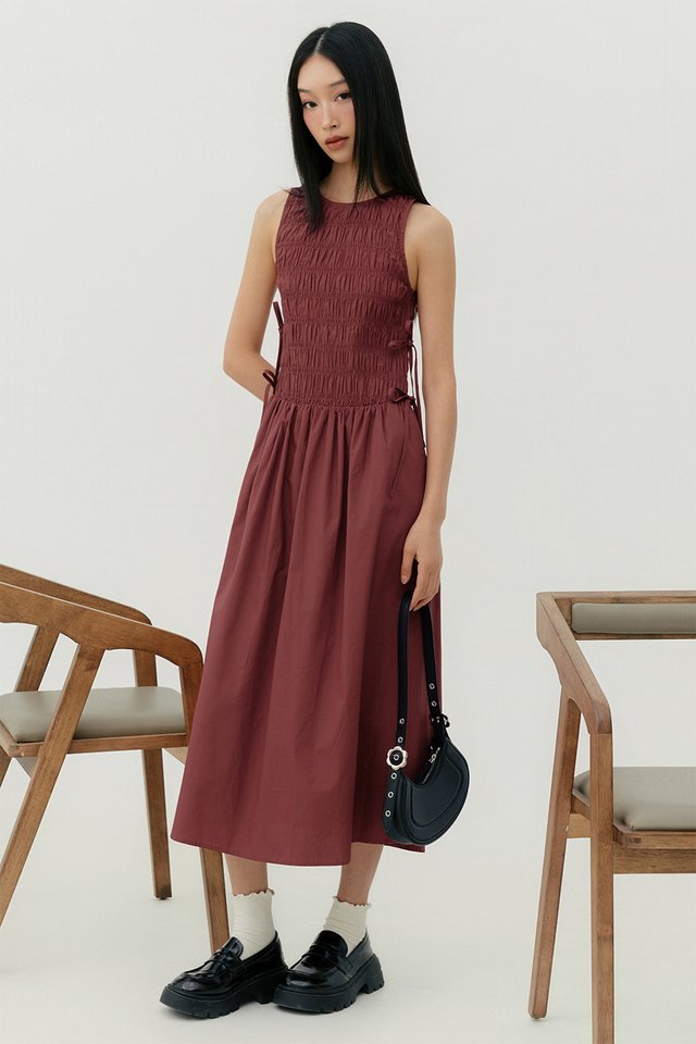 HALDOR SHIRRED MAXI IN CHERRY ROSE