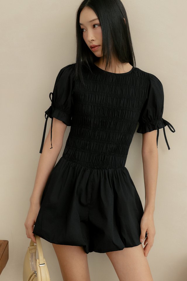 HALDOR SHIRRED PLAYSUIT IN BLACK
