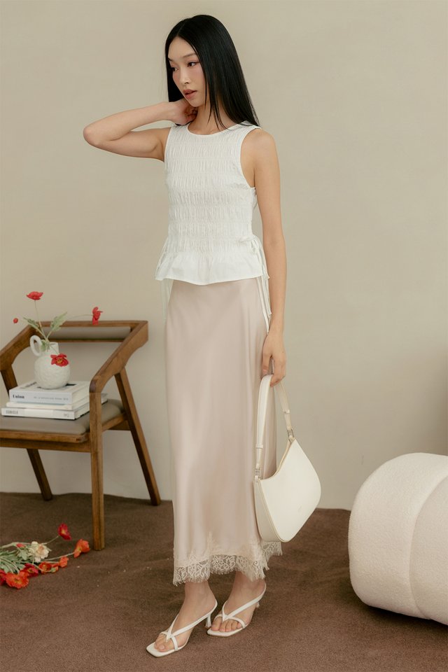 LINDEE SATIN LACE MAXI IN LIGHT BLUSH