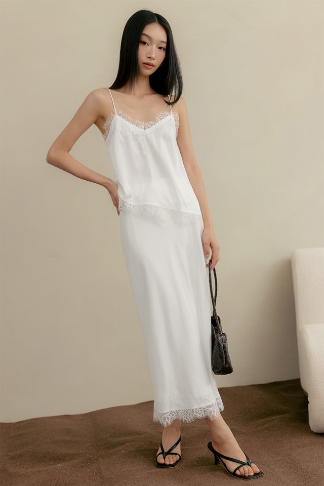 LINDEE SATIN LACE MAXI IN WHITE