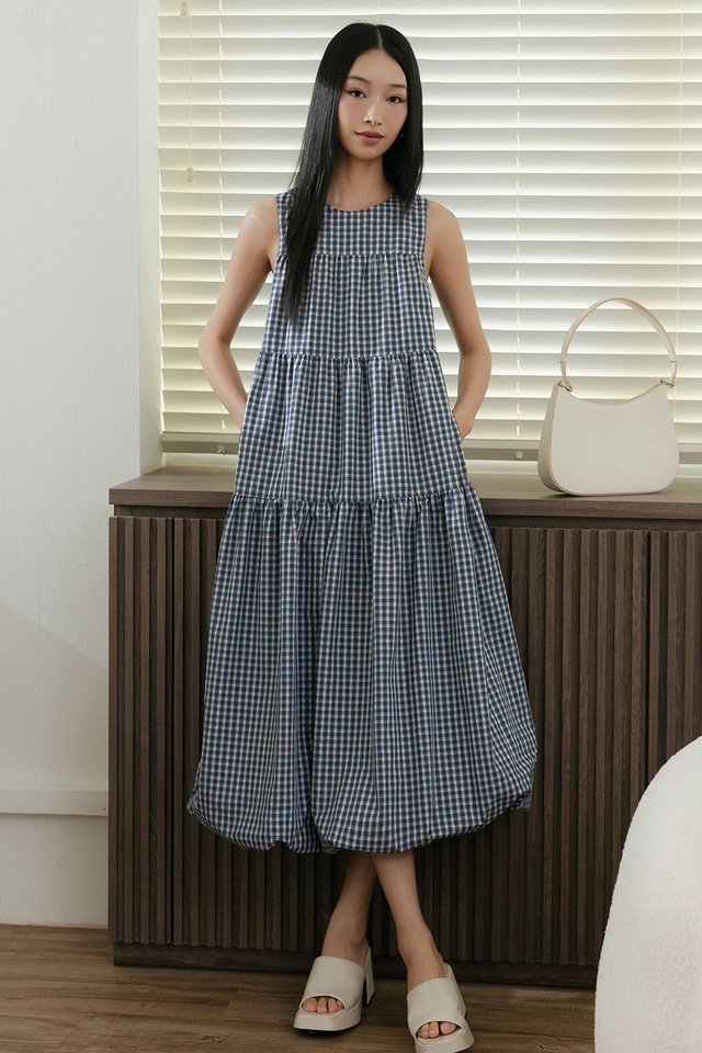 MARLOW CHECKS BUBBLE MAXI IN OXFORD BLUE