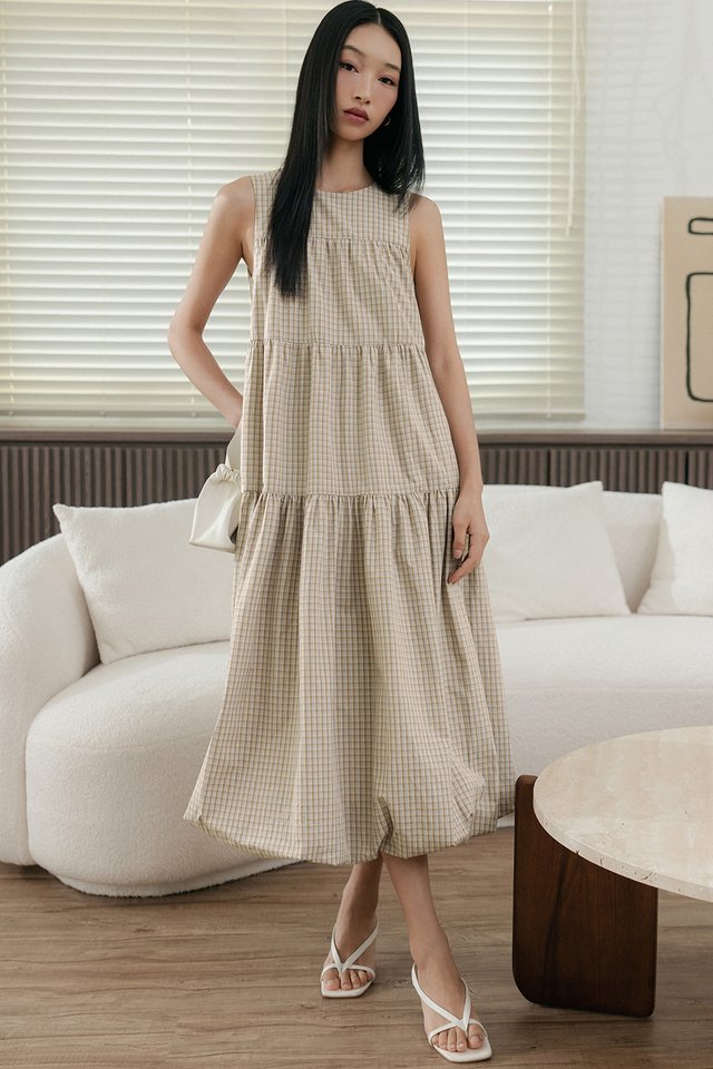 MARLOW CHECKS BUBBLE MAXI IN SANDSTONE