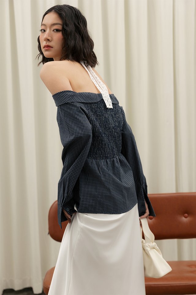 OCHA CHECKS LACE TIE TOP IN NAVY