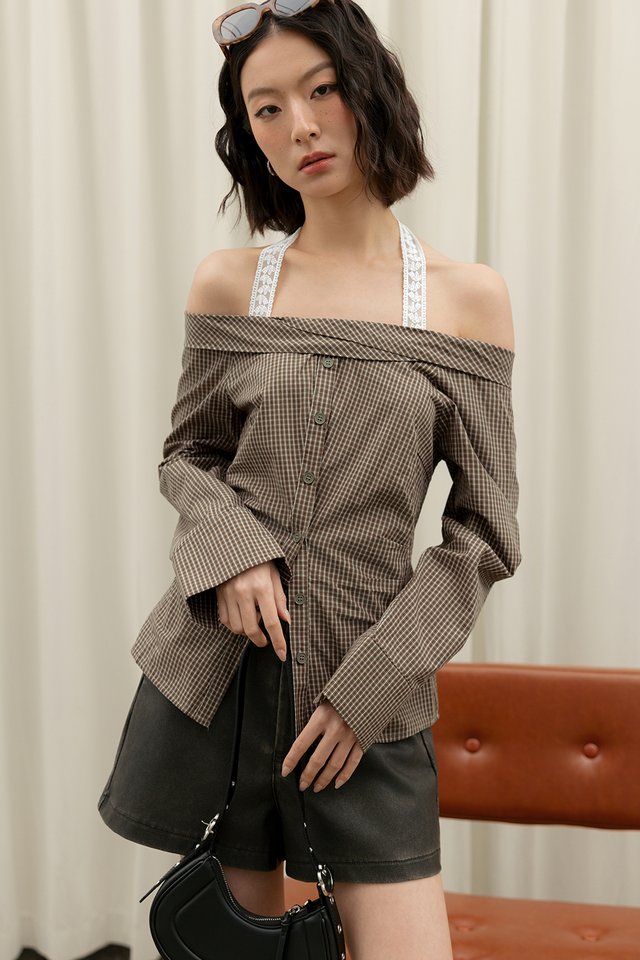 OCHA CHECKS LACE TIE TOP IN OAK